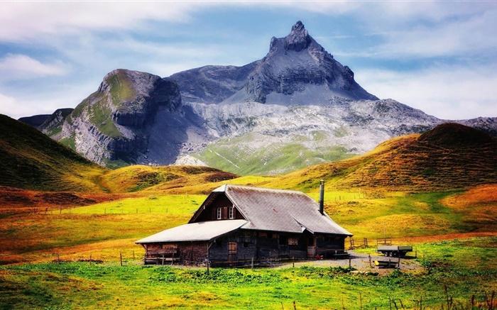 Automne, l'herbe jaune, maison, montagnes Fonds d'écran, image