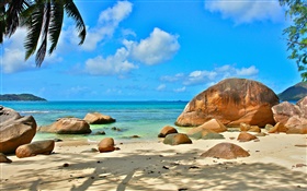 Plage, mer, des pierres, des rayons du soleil, Îles Seychelles HD Fonds d'écran
