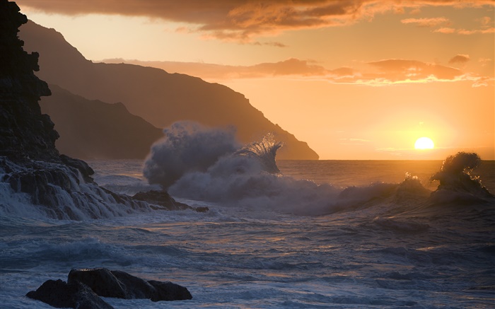 Plage coucher du soleil, vagues, State Park, Kauai Fonds d'écran, image