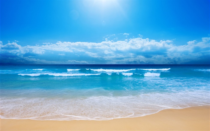 Belle plage, la mer, les vagues, bleu, ciel, nuages Fonds d'écran, image