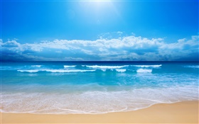 Belle plage, la mer, les vagues, bleu, ciel, nuages HD Fonds d'écran