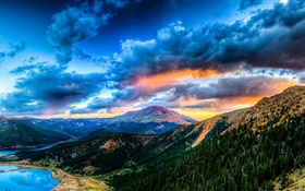Beau paysage, montagnes, lac, forêt, nuages, coucher de soleil HD Fonds d'écran