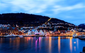 Bergen, en Norvège, la ville, la nuit, des maisons, mer, bateau, lumières