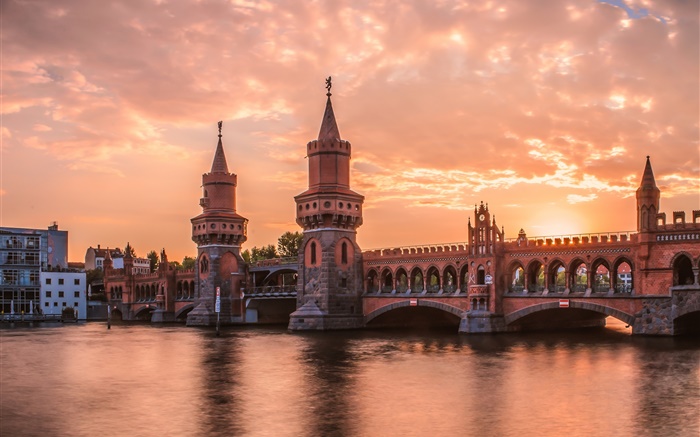 Berlin, Allemagne, coucher de soleil, rivière, pont, bâtiments Fonds d'écran, image