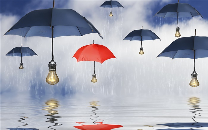 Parapluies bleus et rouges, la pluie, réflexion de l'eau, des photos créatives Fonds d'écran, image