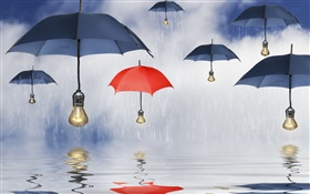 Parapluies bleus et rouges, la pluie, réflexion de l'eau, des photos créatives