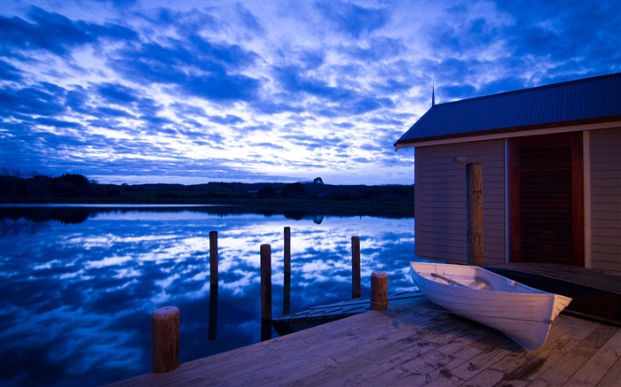 Boathouse, rivière, nuages, crépuscule, la Nouvelle-Zélande Fonds d'écran, image