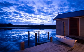 Boathouse, rivière, nuages, crépuscule, la Nouvelle-Zélande HD Fonds d'écran