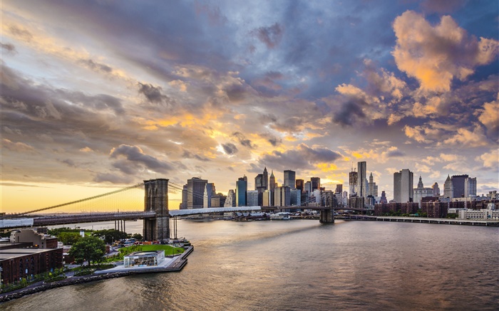 Pont de Brooklyn, New York City, Manhattan, Etats-Unis, les gratte-ciel, crépuscule Fonds d'écran, image