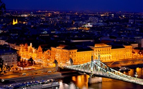 Budapest, Hongrie, Danube, pont, bâtiments, nuit, feux