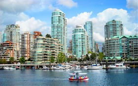Canada, ville, bâtiments, maisons, rivière, bateaux HD Fonds d'écran