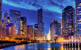 Chicago, Illinois, Etats-Unis, Gratte-ciel, rivière, lumières, nuit HD Fonds d'écran