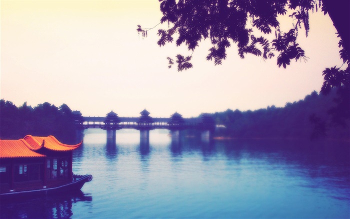 Chine, ville, rivière, pont, arbres Fonds d'écran, image