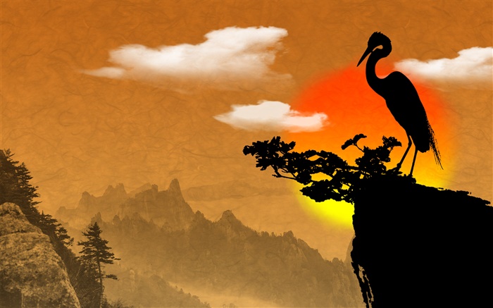 L'art de l'encre de Chine, oiseau, falaise, au crépuscule Fonds d'écran, image