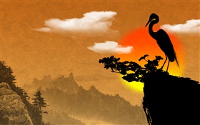 L'art de l'encre de Chine, oiseau, falaise, au crépuscule