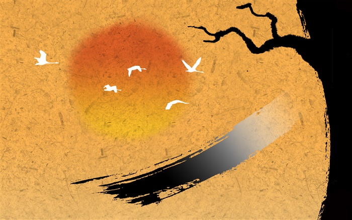 L'art de l'encre de Chine, oiseaux, arbre, coucher de soleil Fonds d'écran, image