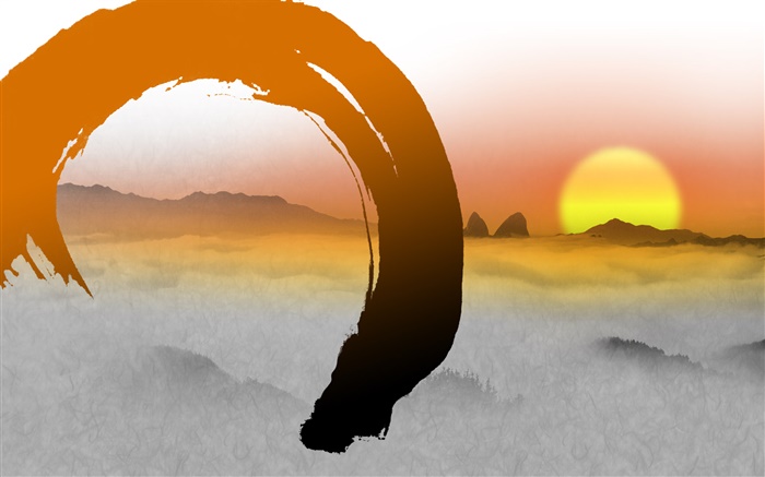 Art chinois d'encre, le lever du soleil, les montagnes Fonds d'écran, image