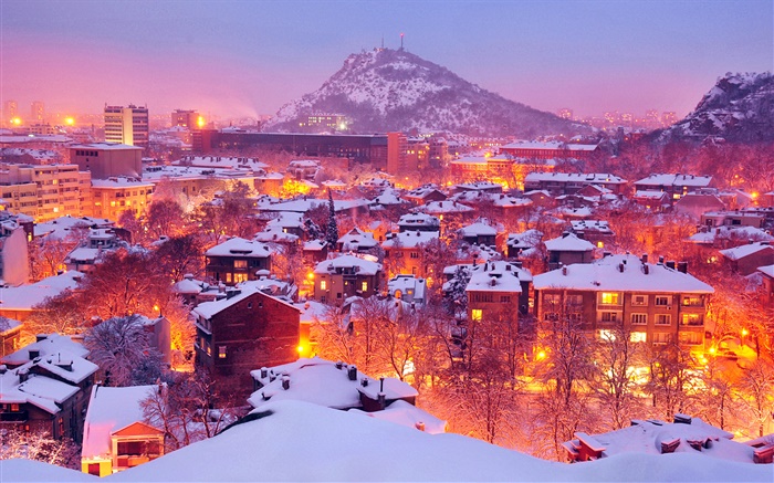 Ville, lumières, hiver, nuit, neige, Plovdiv, Bulgarie Fonds d'écran, image