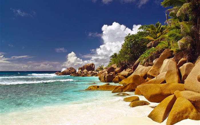 Côte, plage, pierres, mer, nuages, Îles Seychelles Fonds d'écran, image