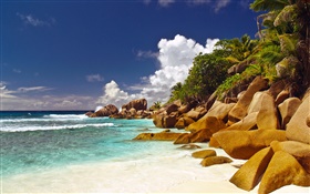 Côte, plage, pierres, mer, nuages, Îles Seychelles HD Fonds d'écran