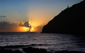 Côte, mer, falaise, nuages, le soleil, coucher de soleil HD Fonds d'écran