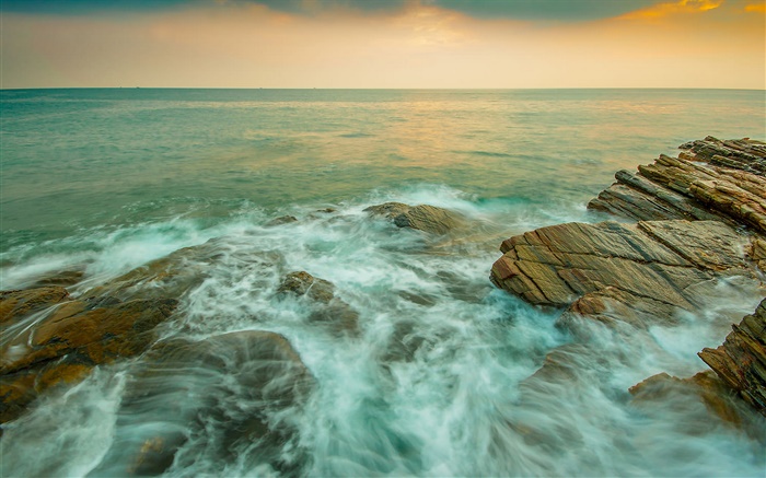 Côte, mer, des pierres, ruisseau, crépuscule Fonds d'écran, image