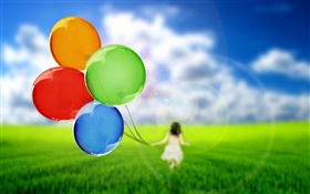 Ballons colorés, jolie fille, herbe, vert, ciel