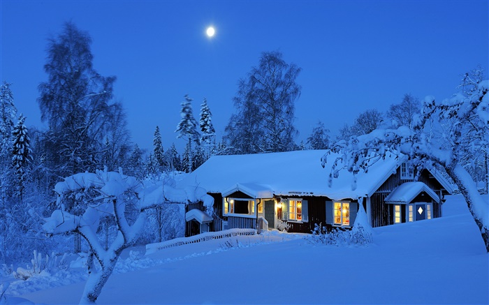 Maison de campagne, la nuit, l'hiver, la neige, la lune, Dalarna, en Suède Fonds d'écran, image