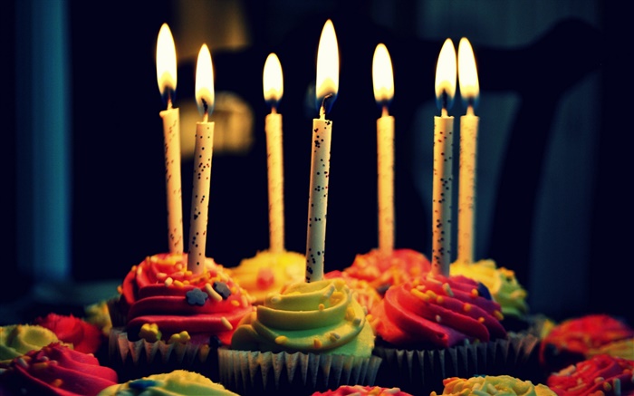 petits gâteaux, crème, anniversaire, bougies, feu Fonds d'écran, image