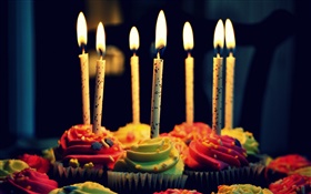 petits gâteaux, crème, anniversaire, bougies, feu