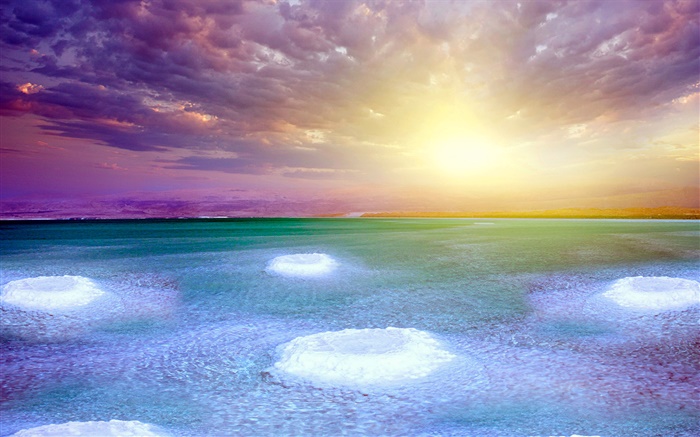 Dead Sea, coucher de soleil, le sel, nuages Fonds d'écran, image