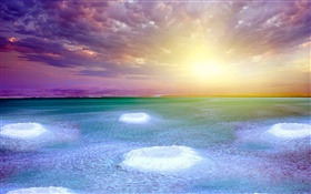 Dead Sea, coucher de soleil, le sel, nuages