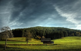 Les terres agricoles, maison, arbres, nuages HD Fonds d'écran