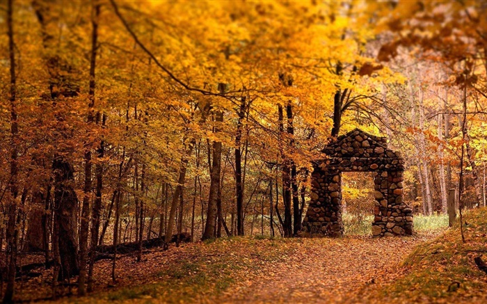 Forêt, les arbres, l'automne, le style rouge, porte de pierre Fonds d'écran, image