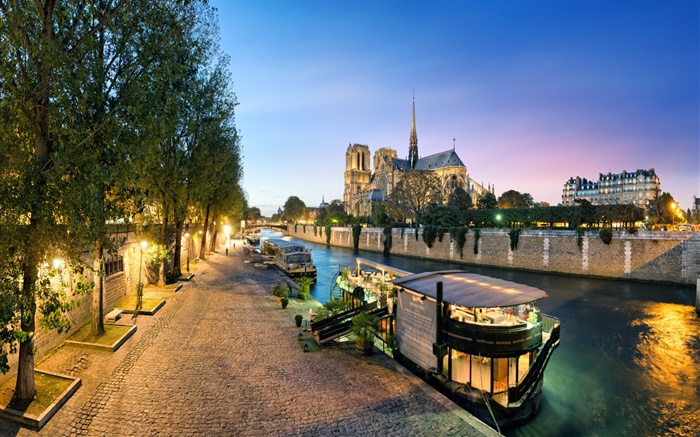France, Notre Dame, le fleuve, les bateaux, la nuit, les lumières Fonds d'écran, image