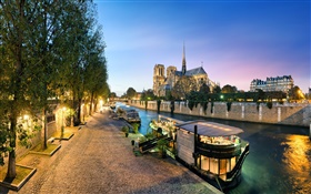 France, Notre Dame, le fleuve, les bateaux, la nuit, les lumières HD Fonds d'écran