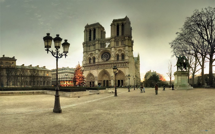 France, Notre-Dame, la rue, les gens, au crépuscule Fonds d'écran, image