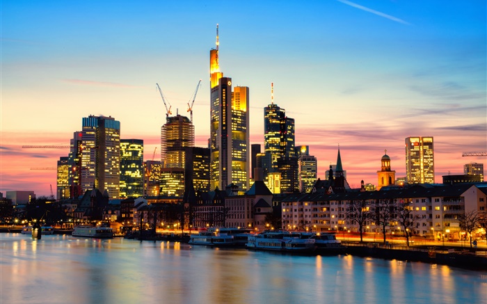 Francfort, Allemagne, ville, gratte-ciel, crépuscule, coucher de soleil, feux, rivière Fonds d'écran, image