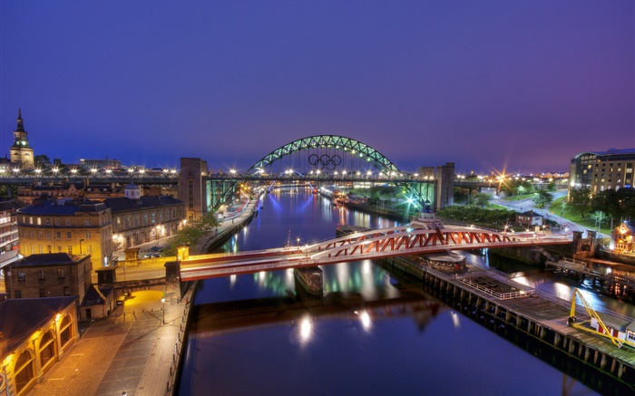 Gateshead, Angleterre, ville, nuit, rivière, pont, bâtiments, lumières Fonds d'écran, image