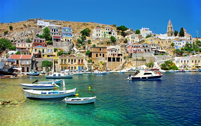 Grèce, maisons, côte, mer, bateaux Fonds d'écran, image