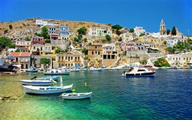 Grèce, maisons, côte, mer, bateaux