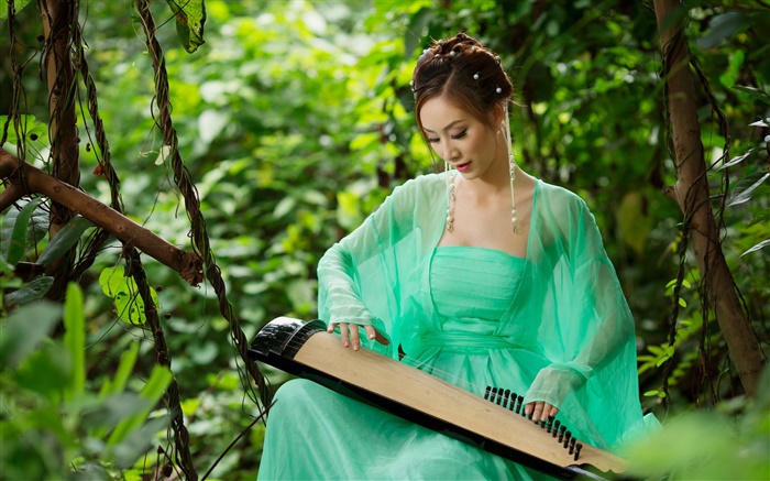 Robe verte fille asiatique à jouer de la cithare Fonds d'écran, image