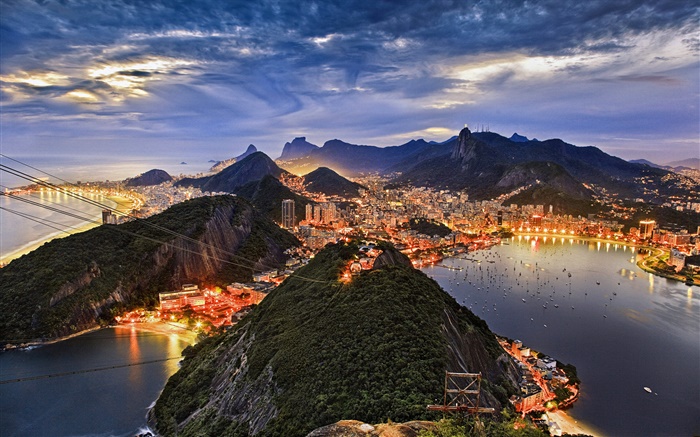 La baie de Guanabara, ville, côte, nuit, lumières, Rio de Janeiro, Brésil Fonds d'écran, image