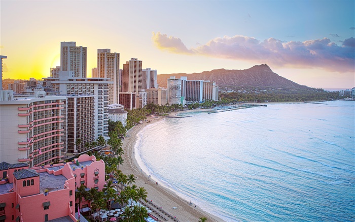 Honolulu, Waikiki Beach, Diamond Head Crater, bâtiments, lever de soleil Fonds d'écran, image