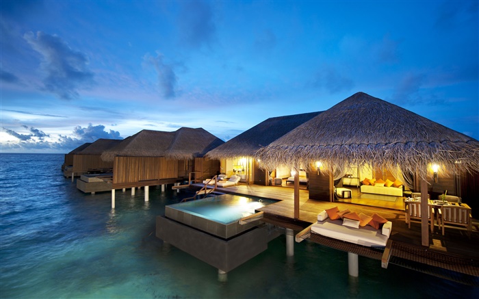 Hôtel, Maldives, Océan Indien, la nuit, les lumières Fonds d'écran, image