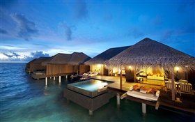 Hôtel, Maldives, Océan Indien, la nuit, les lumières