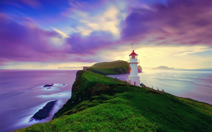 L'Islande, les îles Féroé, phare, côte, crépuscule, ciel pourpre Fonds d'écran, image