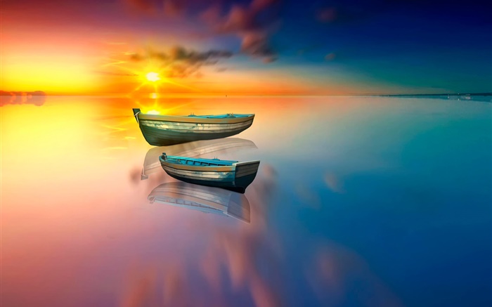 Lac, bateau, réflexion de l'eau, coucher de soleil Fonds d'écran, image