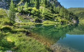 Lac, montagne, des arbres, de l'herbe, réflexion de l'eau HD Fonds d'écran
