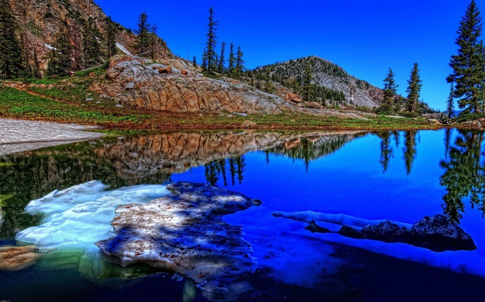 Lac, les arbres, les montagnes, la glace, réflexion de l'eau Fonds d'écran, image
